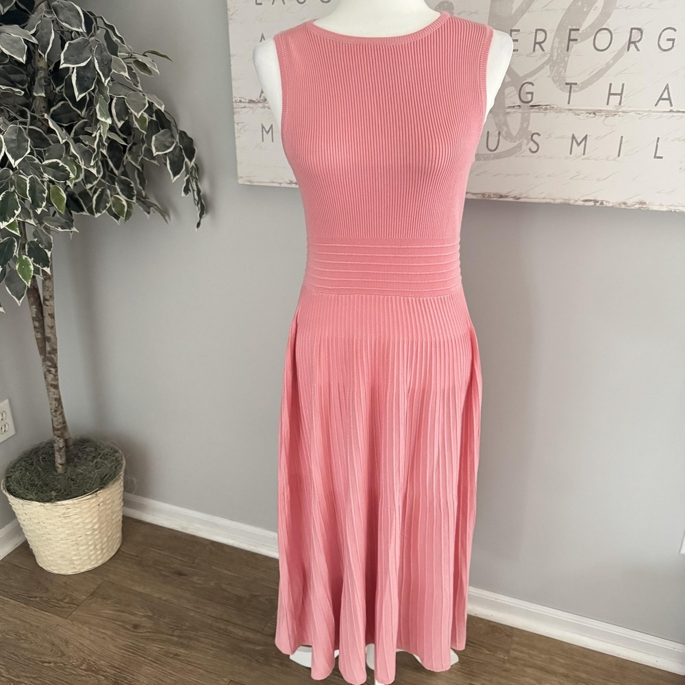 PrettyGarden Dress‎ Womens M Pink Ribbed Knit Sleeveless Fit Flare Long Maxi